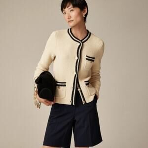 J. Crew Contrast Hem Cardigan Sweater - Cream Black Gold Crest Button Jacket L